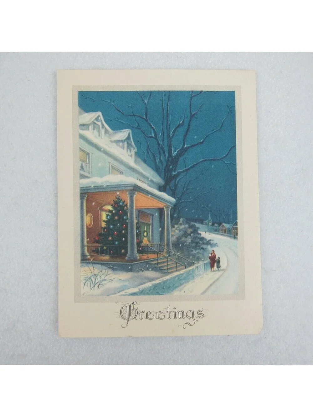 Vintage Litho Greeting Christmas Card & Envelope Snowy Night House Tree UNSIGNED
